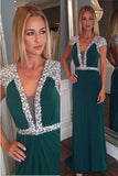 Beaded Dark Green Long V-neck High Low Chiffon Backless Prom Dresses HZ0527
