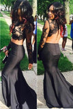 Long Sleeves Backless Lace Satin Black Mermaid 2 Pieces Prom Dresses HZ0527