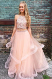 Two Piece Long Beading Long Tulle Prom Dress,A Line Evening Dresses HZ0527