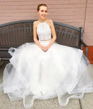 Two Piece Long Beading Long Tulle Prom Dress,A Line Evening Dresses HZ0527