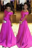 Hot Pink Off Shoulder Formal High Low Simple Satin Long Prom Dresses HZ0527