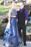 Elegant Two Pieces A-Line Blue Organza Long Prom Dresses With Beads HZ0527