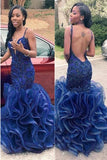 Gorgeous Blue Mermaid Long Open Back Spaghetti Straps Beading Prom Dresses HZ0527
