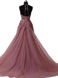 Halter Dusty Red Lace Appliques Tulle A line Long Prom Dresses HZ0527