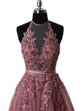 Halter Dusty Red Lace Appliques Tulle A line Long Prom Dresses HZ0527