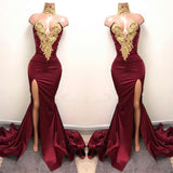Elegant Burgundy Mermaid Appliques High Neck Split Sexy Prom Dress HZ0527