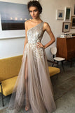 One Shoulder Tulle A Line Shinning Side Split Elegant Long Prom Dresses HZ0527