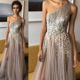 One Shoulder Tulle A Line Shinning Side Split Elegant Long Prom Dresses HZ0527