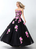 Black Sweetheart Flower Appliques Long A Line Tulle Prom Dresses,Evening Dresses HZ0527