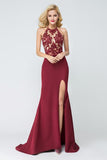 Mermaid Halter Sleeveless Burgundy Long Split Prom Dresses,Evening Dresses HZ0527