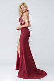 Mermaid Halter Sleeveless Burgundy Long Split Prom Dresses,Evening Dresses HZ0527