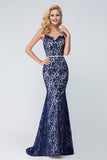 Elegant Mermaid Scoop Sleeveless Blue Lace Long Prom Dresses,Evening Dresses HZ0527