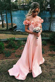 New Arrival Off the Shoulder A Line Pink Satin Long Prom Dress with Flowers HZ0527