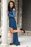 Sexy Dark Teal Two Piece Off the Shoulder Long Sleeves Lace Chiffon Prom Dress HZ0527
