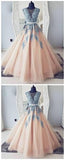 V-neck Blue Lace Ball Gown Long Tulle Evening Dresses,Cheap Prom Dress HZ0527