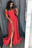 Unique Cold Shoulder Red Satin Straps A Line Long Prom/Evening Dress with Split HZ0527