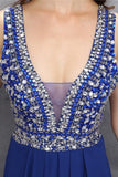 Chiffon Beading Royal Blue V-neck Long Elegant Prom Dresses HZ0527