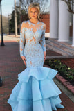 Elegant Long Sleeves Mermaid Blue Lace Layered Prom Dress with Open Back HZ0527