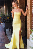 Yellow Mermaid Elegant Strapless Satin Long Prom Dresses With Slit HZ0527