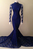 Classy Long Sleeves Lace High Neck Sheath Mermaid Prom Dresses HZ0527