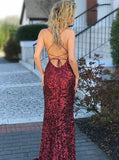 Sexy Sheath Mermaid Spaghetti Straps Criss Cross Burgundy Sequined Prom Dress HZ0527