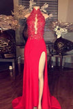 Red lace high neck long slit prom dress,formal evening dress for girls HZ0527