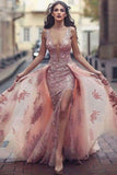 Charming Sweep Train Deep V Neck Pink Tulle Prom Dress with Lace Appliques HZ0527