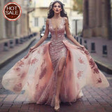 Charming Sweep Train Deep V Neck Pink Tulle Prom Dress with Lace Appliques HZ0527