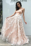 Princess A-Line Sweetheart Blush Pink Tulle Long Prom Dress with Flowers HZ0527