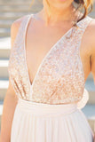 Unique Long Chiffon Sequin V-neck Backless Prom Dresses HZ0527