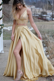 Gorgeous Two Piece Gold Long Beading Prom Dress,Slit Side A Line Evening Dress HZ0527