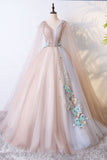 Romantic Tulle V neck Long Evening Dress,Lace Appliques Senior Prom Dress HZ0527