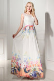 2025 Pretty Long Cap Sleeves Printed Chiffon Charming Prom Dresses HZ0527