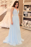 Gorgeous Straps Light Sky Blue Chiffon A Line Long Prom Dress HZ0527