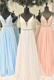 Gorgeous Straps Light Sky Blue Chiffon A Line Long Prom Dress HZ0527