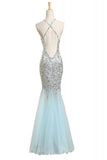 Sequin Shiny Baby Blue Mermaid Long Backless Prom Evening Dresses HZ0527