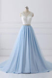 Sky Blue Long V Neck Evening Dress with Beaded Belt,Lace Top Long Prom Dress HZ0527