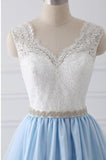 Sky Blue Long V Neck Evening Dress with Beaded Belt,Lace Top Long Prom Dress HZ0527