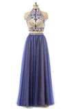 Blue Halter Long Beading 2 Pieces Open Back Prom Dresses HZ0527