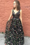 Princess Black Floral V Neck A Line Long Prom Dress,Graduation Dresses HZ0527