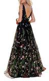 Princess Black Floral V Neck A Line Long Prom Dress,Graduation Dresses HZ0527