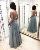 A Line Tulle Floor Length Prom Dresses Beaded Long Evening Dress HZ0527
