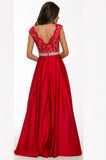 Sexy V-neck Long Satin Lace Red Simple Open Back Prom Dresses HZ0527