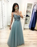 A Line Tulle Floor Length Prom Dresses Beaded Long Evening Dress HZ0527