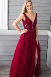 Princess Beading A Line V Neck Red Chiffon Long Prom Dress with Side Slit HZ0527