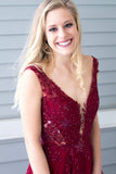 Princess Beading A Line V Neck Red Chiffon Long Prom Dress with Side Slit HZ0527