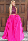 Two Piece High Neck Open Back Satin Hot Pink Prom Dress with Beading HZ0527