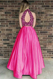 Two Piece High Neck Open Back Satin Hot Pink Prom Dress with Beading HZ0527