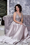 Sparkly Beading Silver A Line V Neck Backless Long Prom Dress HZ0527