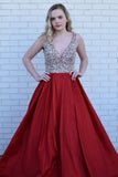 Unique V Neck Red Long Beading A Line Sleeveless Prom Dress HZ0527